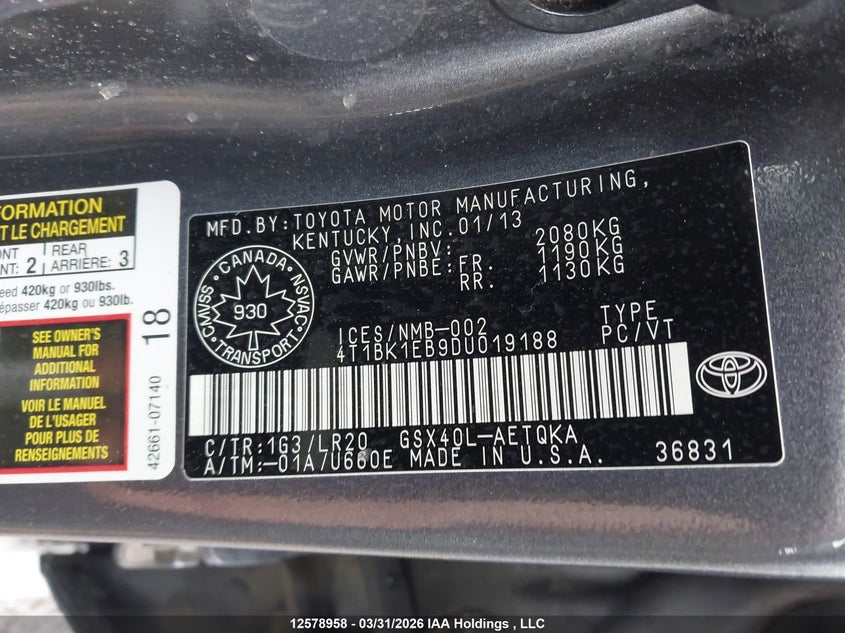 2013 Toyota Avalon VIN: 4T1BK1EB9DU019188 Lot: 12578958