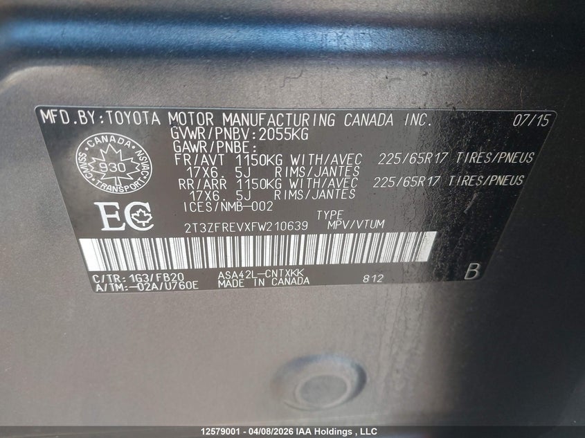 2015 Toyota Rav4 Le VIN: 2T3ZFREVXFW210639 Lot: 12579001