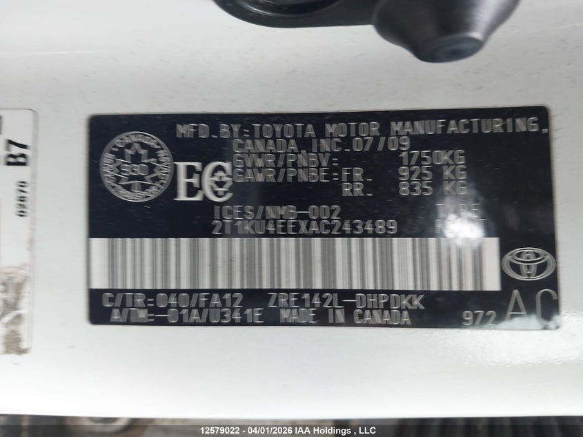 2010 Toyota Matrix VIN: 2T1KU4EEXAC243489 Lot: 12579022