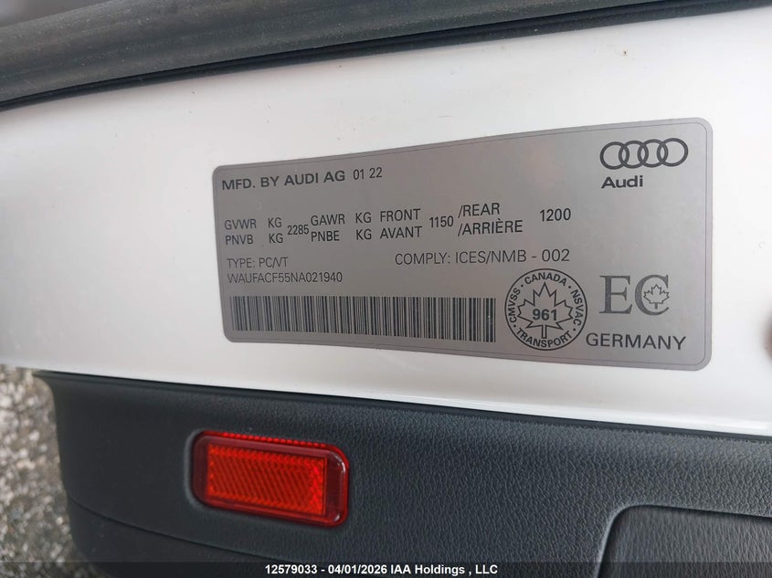 2022 Audi A5 Sportback VIN: WAUFACF55NA021940 Lot: 12579033