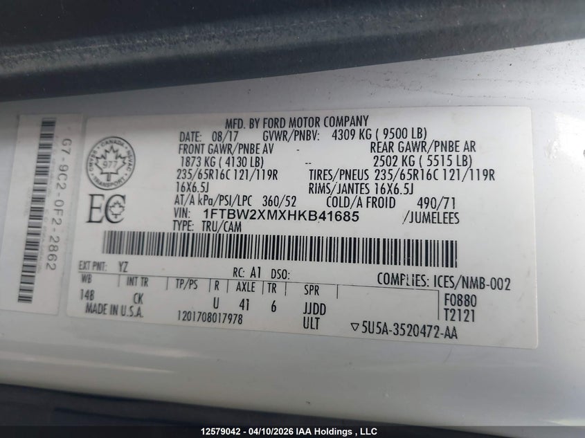 2017 Ford Transit-350 VIN: 1FTBW2XMXHKB41685 Lot: 12579042