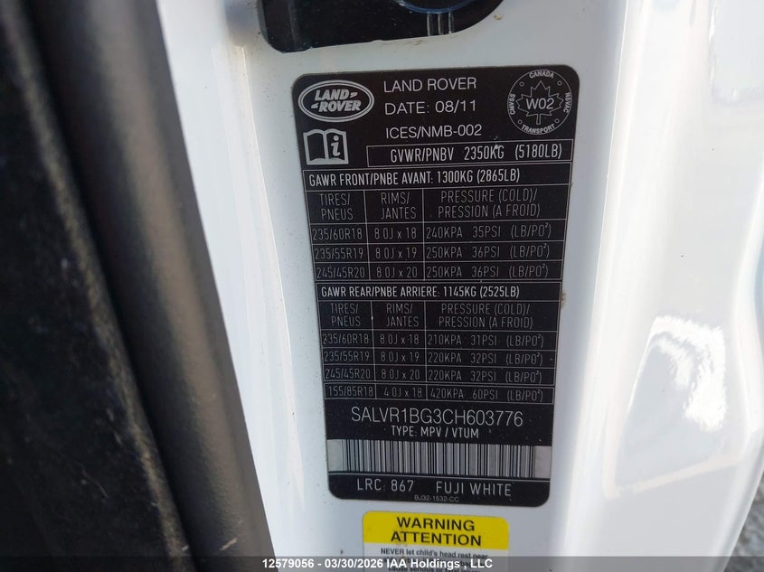 2012 Land Rover Range Rover Evoque Pure Plus VIN: SALVR1BG3CH603776 Lot: 12579056