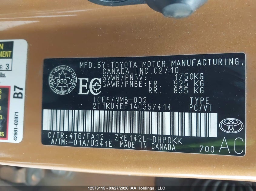 2010 Toyota Matrix Wagon VIN: 2T1KU4EE1AC357414 Lot: 12579115