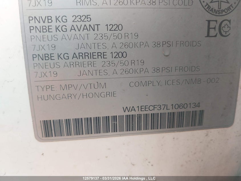 2020 Audi Q3 Premium Plus S-Line VIN: WA1EECF37L1060134 Lot: 12579137