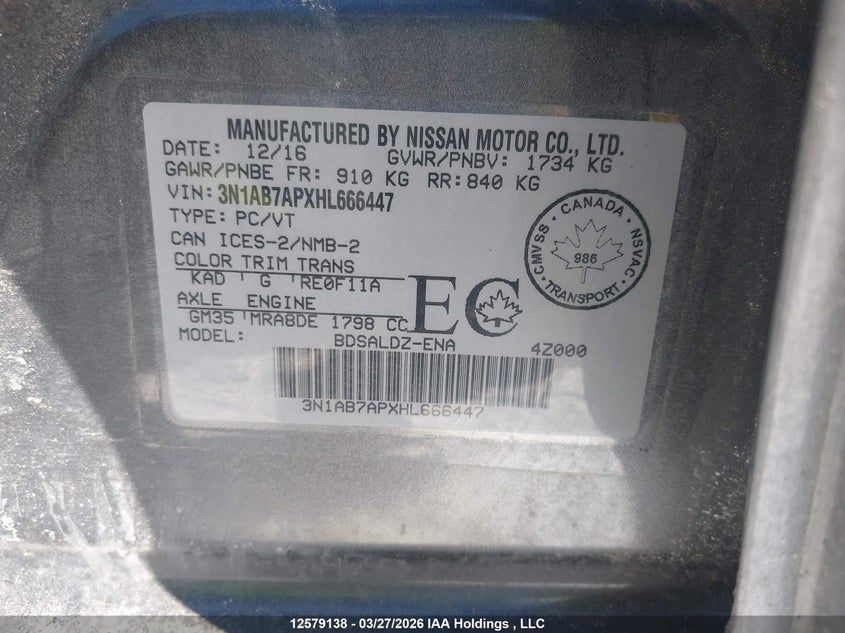 2017 Nissan Sentra VIN: 3N1AB7APXHL666447 Lot: 12579138