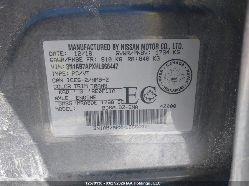 2017 Nissan Sentra VIN: 3N1AB7APXHL666447 Lot: 12579138