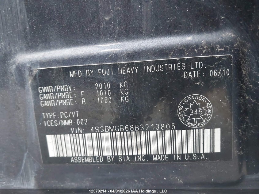 2011 Subaru Legacy VIN: 4S3BMGB68B3213805 Lot: 12579214