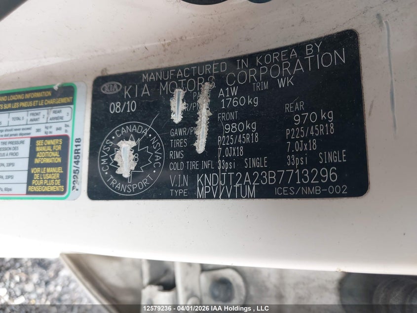 2011 Kia Soul 2.0L 2U/2.0L 4U/2.0L 4U Burner/2.0L 4U Luxury/2.0L 4U Retro/2.0L 4U Sx VIN: KNDJT2A23B7713296 Lot: 12579236