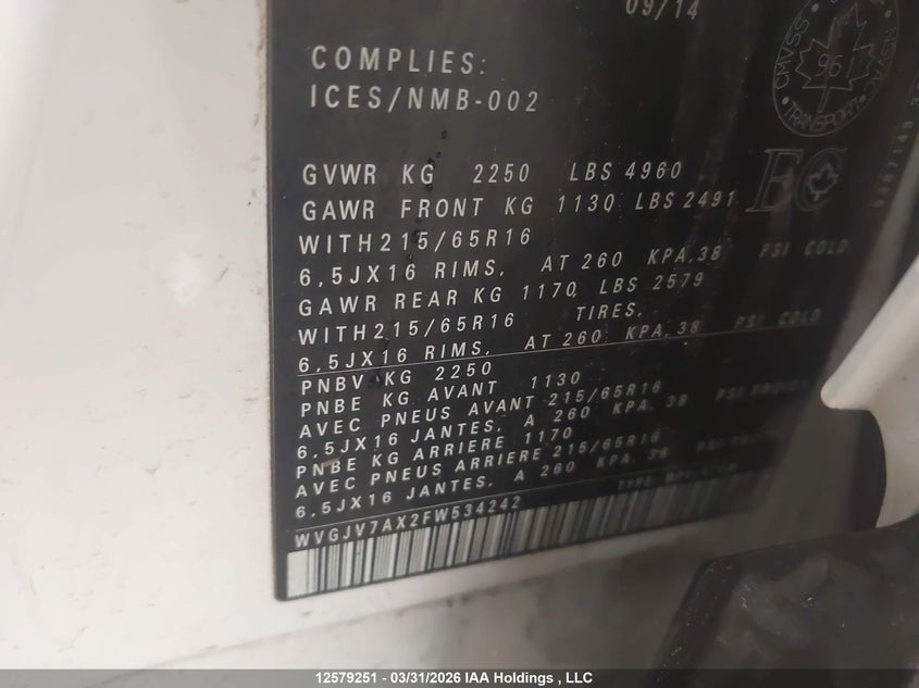 2015 Volkswagen Tiguan Comfortline/Highline/Special Edition/Trendline VIN: WVGJV7AX2FW534242 Lot: 12579251