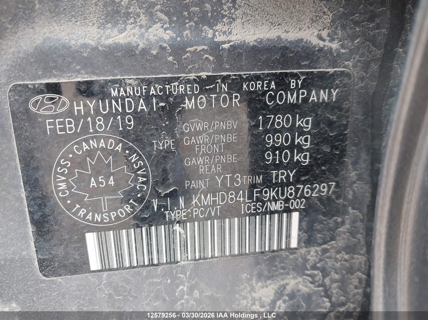 2019 Hyundai Elantra Preferred VIN: KMHD84LF9KU876297 Lot: 12579256