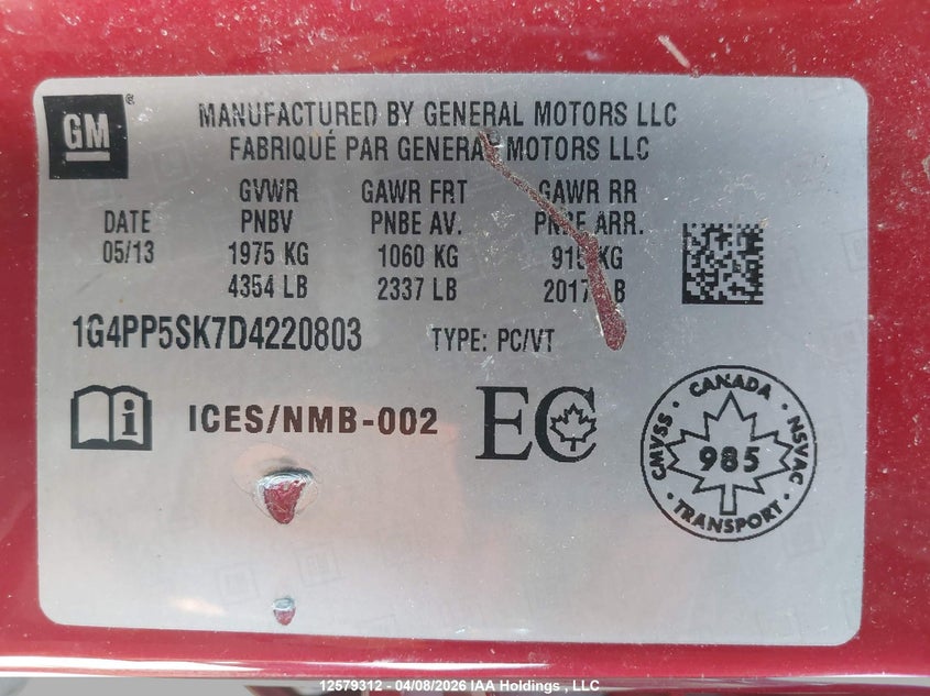 2013 Buick Verano VIN: 1G4PP5SK7D4220803 Lot: 12579312