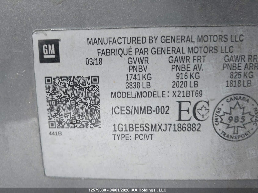 2018 Chevrolet Cruze VIN: 1G1BE5SMXJ7186882 Lot: 12579330