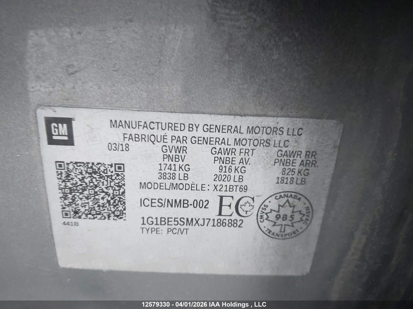 2018 Chevrolet Cruze VIN: 1G1BE5SMXJ7186882 Lot: 12579330