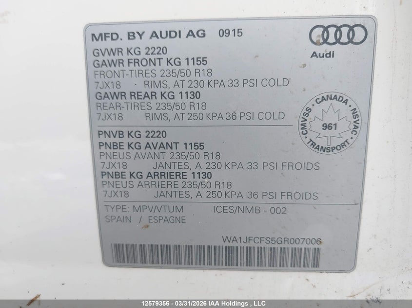 2016 Audi Q3 Progressiv VIN: WA1JFCFS5GR007006 Lot: 12579356