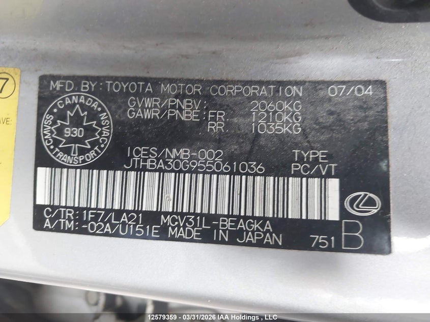 2005 Lexus Es 330 VIN: JTHBA30G955061036 Lot: 12579359