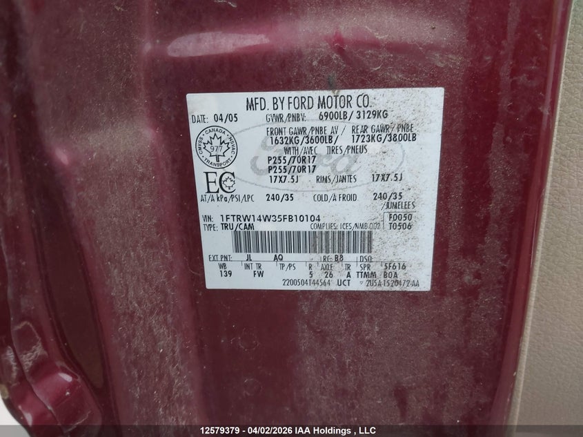 2005 Ford F-150 Xlt VIN: 1FTRW14W35FB10104 Lot: 12579379