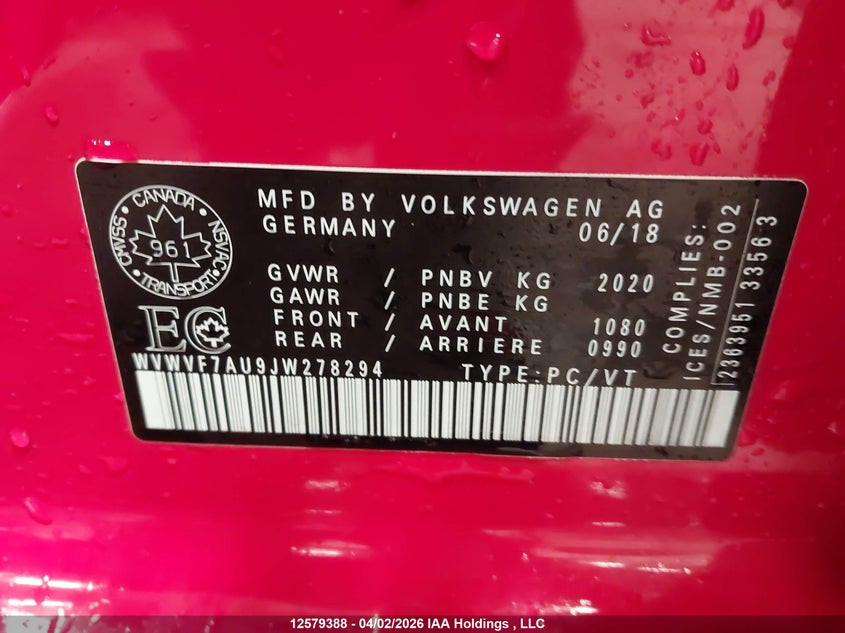 2018 Volkswagen Golf R VIN: WVWVF7AU9JW278294 Lot: 12579388