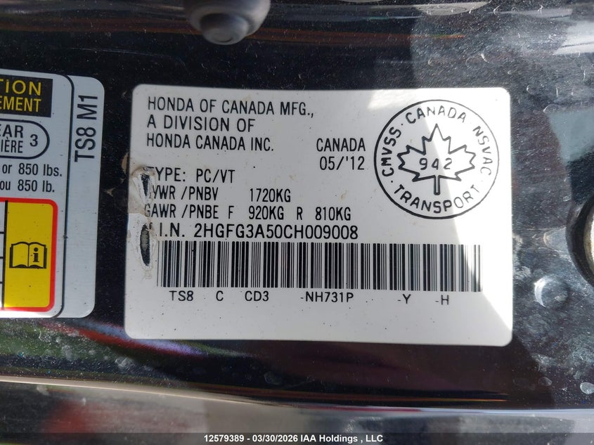 2012 Honda Civic VIN: 2HGFG3A50CH009008 Lot: 12579389