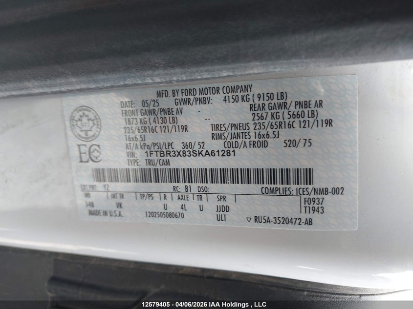 2025 Ford Transit T-250 VIN: 1FTBR3X83SKA61281 Lot: 12579405