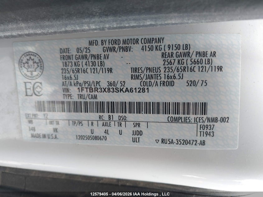 2025 Ford Transit T-250 VIN: 1FTBR3X83SKA61281 Lot: 12579405