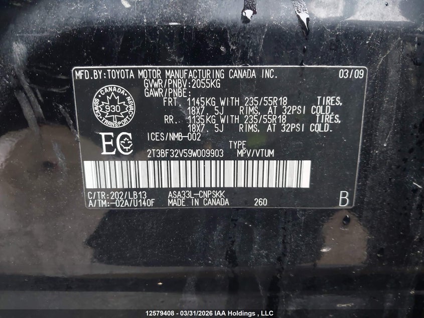 2009 Toyota Rav4 Sport VIN: 2T3BF32V59W009903 Lot: 12579408