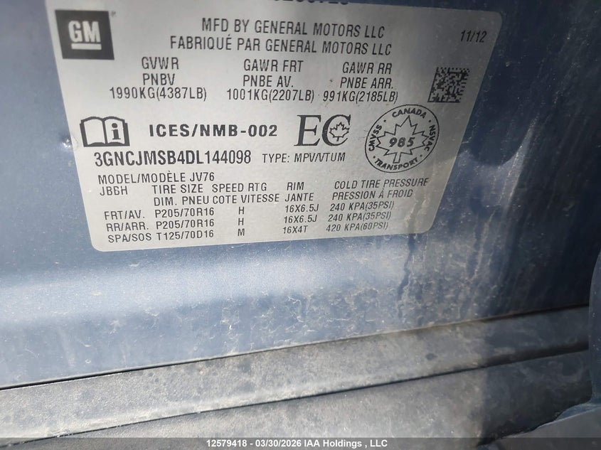 2013 Chevrolet Trax 2Lt VIN: 3GNCJMSB4DL144098 Lot: 12579418