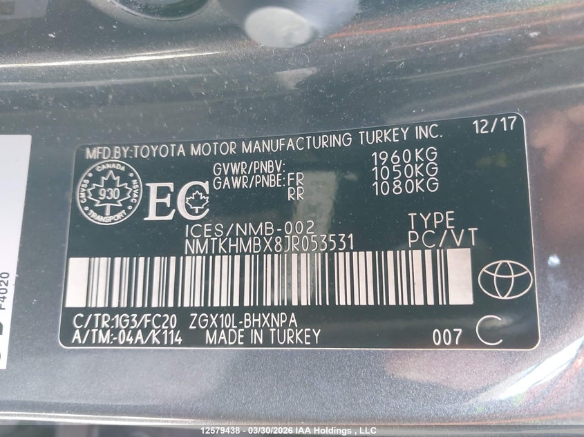 2018 Toyota C-Hr VIN: NMTKHMBX8JR053531 Lot: 12579438