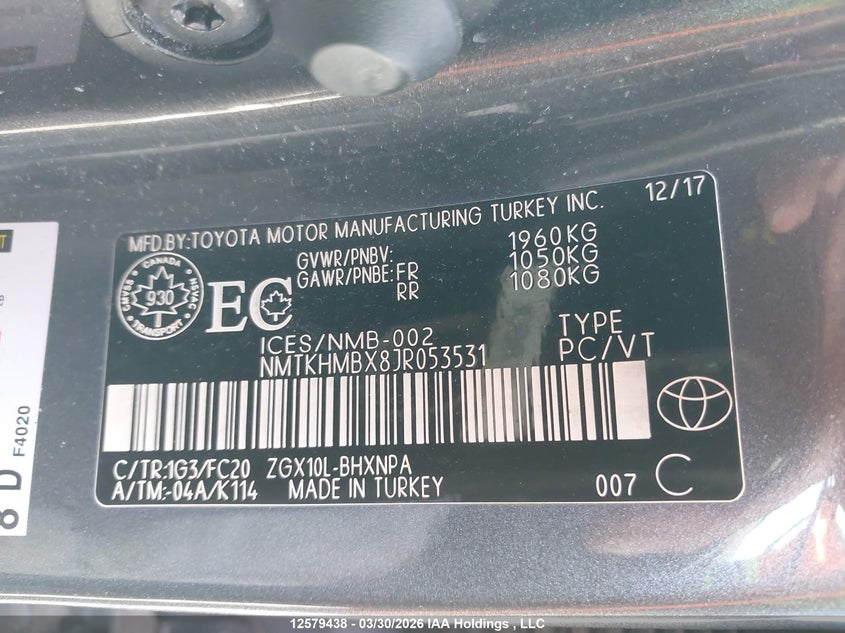 2018 Toyota C-Hr VIN: NMTKHMBX8JR053531 Lot: 12579438