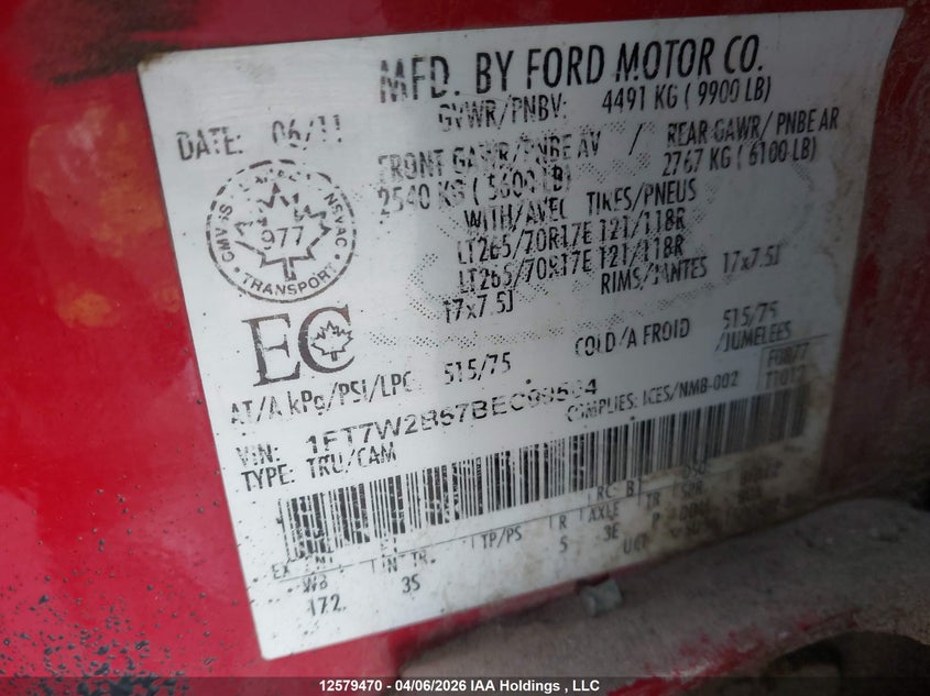 2011 Ford F-250 Xlt VIN: 1FT7W2B67BEC99504 Lot: 12579470