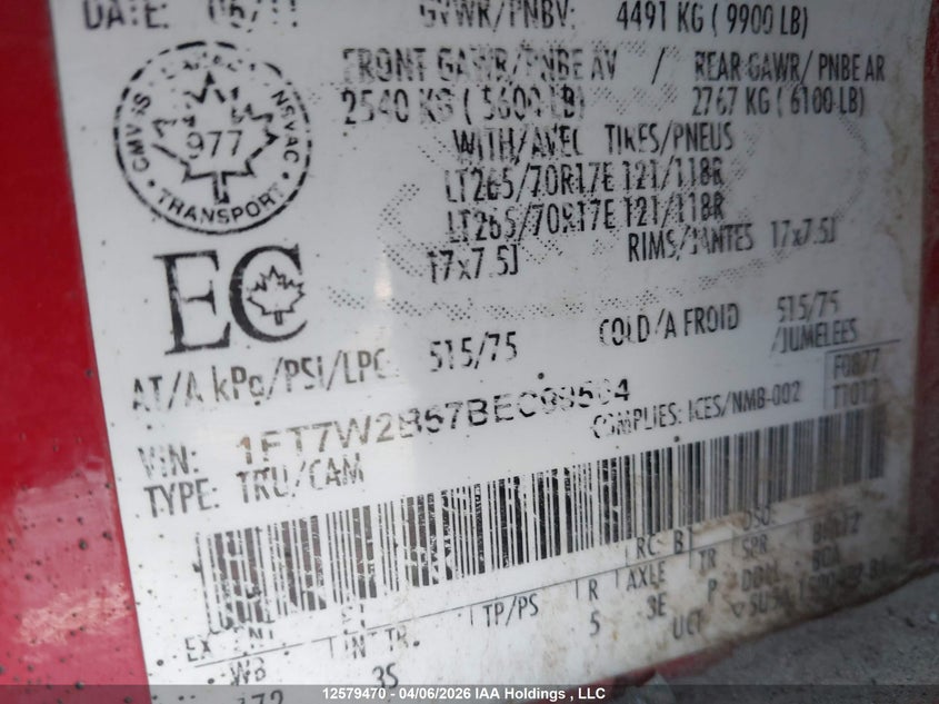 2011 Ford F-250 Xlt VIN: 1FT7W2B67BEC99504 Lot: 12579470