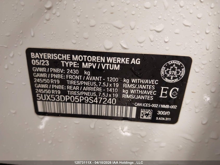 2023 BMW X3 xDrive30I VIN: 5UX53DP05P9S47240 Lot: 12573111x