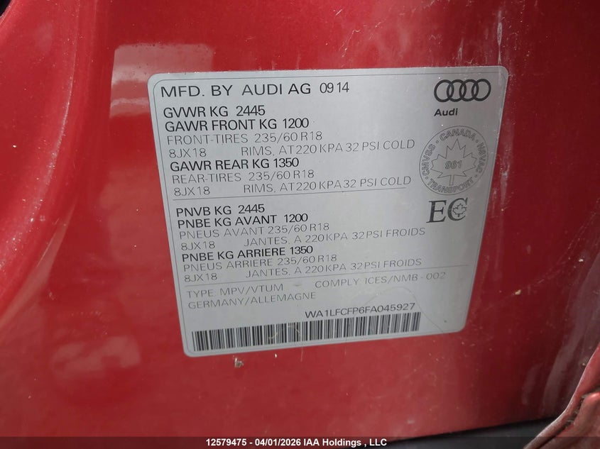 2015 Audi Q5 2.0T Progressiv VIN: WA1LFCFP6FA045927 Lot: 12579475