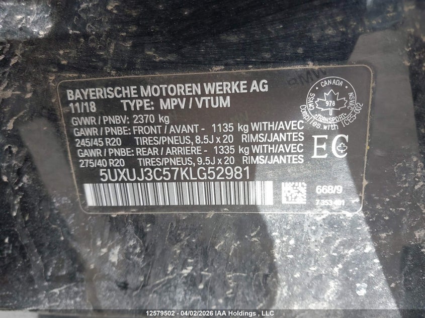 2019 BMW X4 xDrive30I VIN: 5UXUJ3C57KLG52981 Lot: 12579502