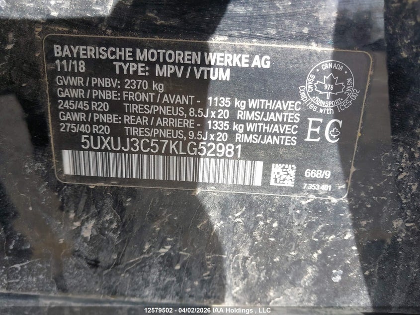 2019 BMW X4 xDrive30I VIN: 5UXUJ3C57KLG52981 Lot: 12579502