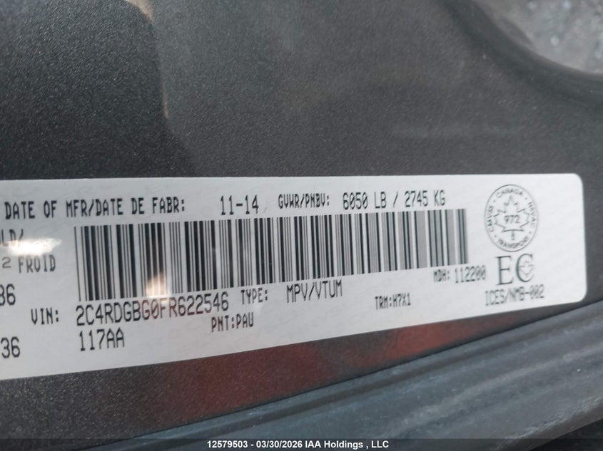 2015 Dodge Grand Caravan Se VIN: 2C4RDGBG0FR622546 Lot: 12579503