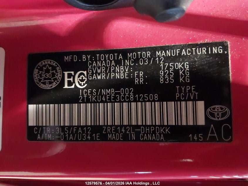 2012 Toyota Matrix Wagon VIN: 2T1KU4EE3CC812508 Lot: 12579576