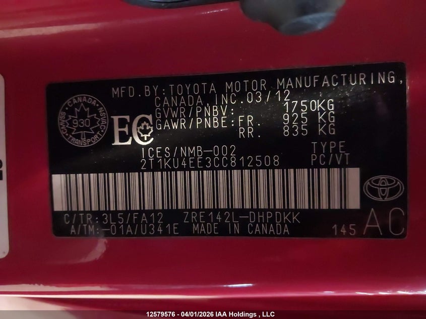 2012 Toyota Matrix Wagon VIN: 2T1KU4EE3CC812508 Lot: 12579576