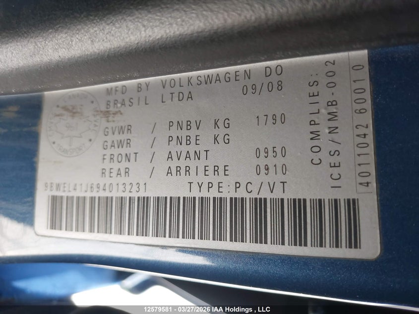 2009 Volkswagen City Golf VIN: 9BWEL41J694013231 Lot: 12579581