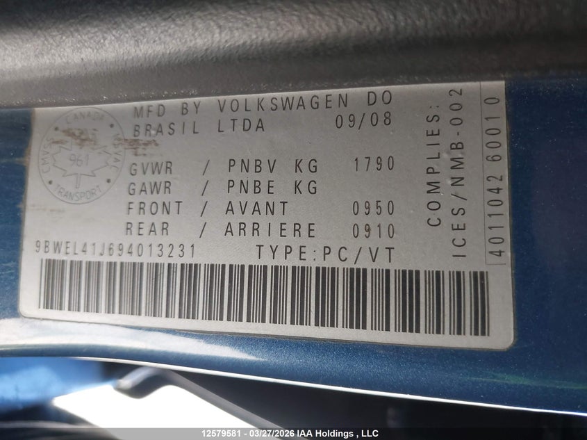 2009 Volkswagen City Golf VIN: 9BWEL41J694013231 Lot: 12579581