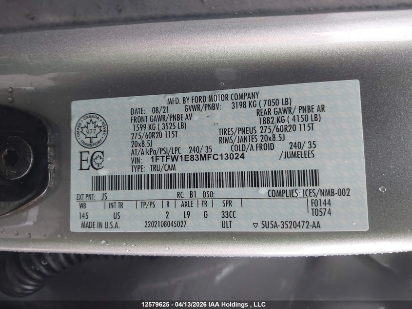 2021 Ford F-150 Xlt VIN: 1FTFW1E83MFC13024 Lot: 12579625