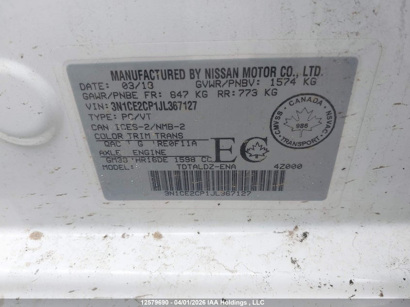 2018 Nissan Versa Note S/Sr/Sv VIN: 3N1CE2CP1JL367127 Lot: 12579690