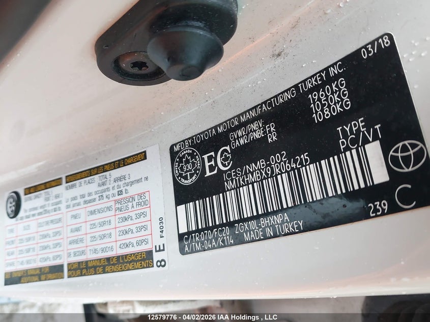 2018 Toyota C-Hr Xle VIN: NMTKHMBX9JR064215 Lot: 12579776