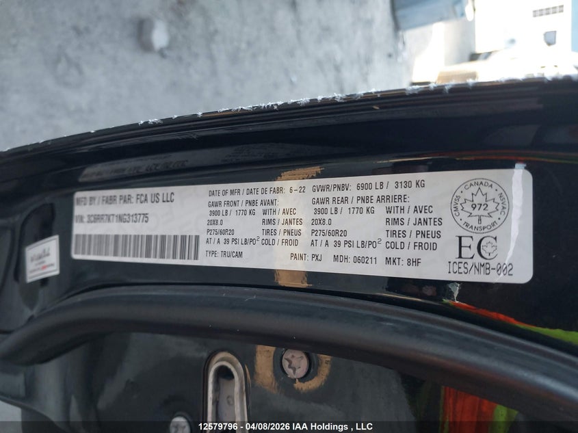 2022 Ram 1500 Classic Tradesman VIN: 3C6RR7KT1NG313775 Lot: 12579796