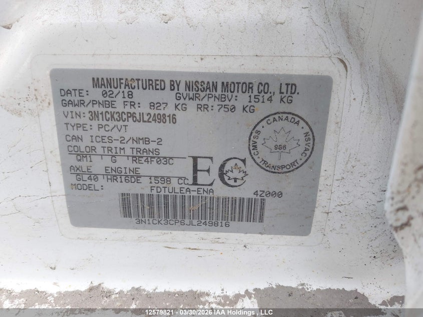 2018 Nissan Micra VIN: 3N1CK3CP6JL249816 Lot: 12579821