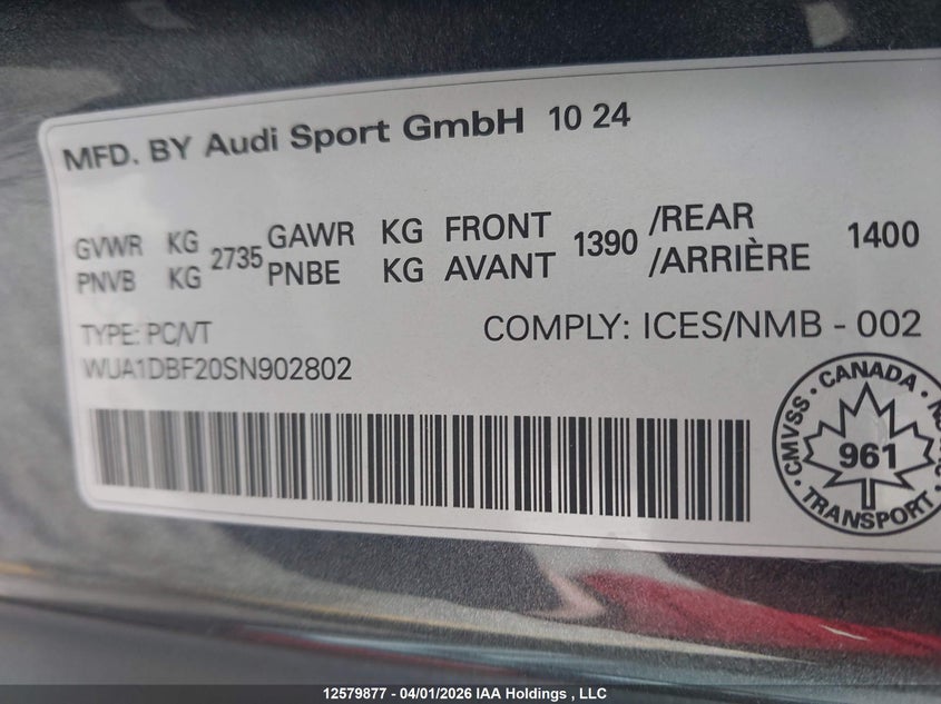 2025 Audi Rs 6 Avant 4.0T Performance VIN: WUA1DBF20SN902802 Lot: 12579877