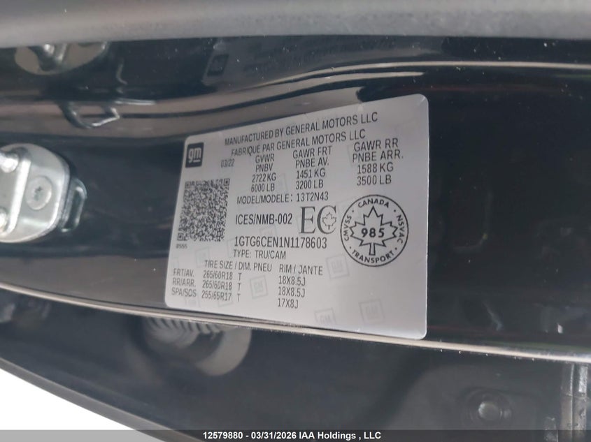 2022 GMC Canyon Elevation VIN: 1GTG6CEN1N1178603 Lot: 12579880