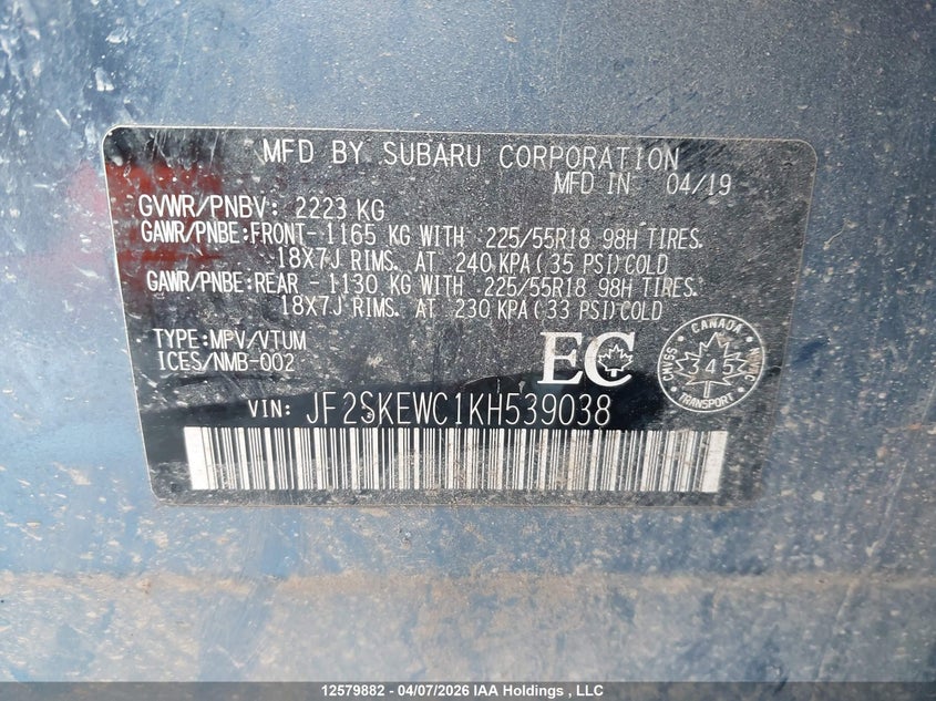 2019 Subaru Forester Touring VIN: JF2SKEWC1KH539038 Lot: 12579882