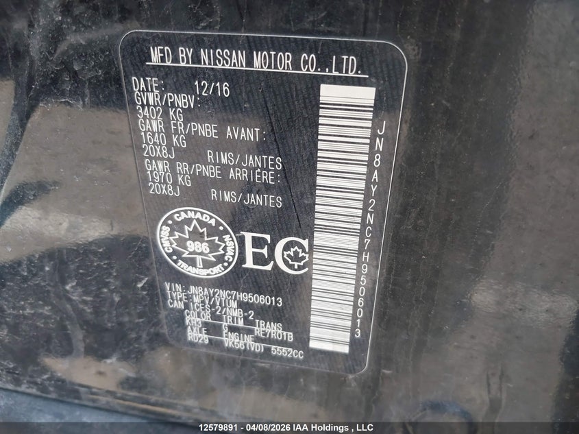 2017 Nissan Armada VIN: JN8AY2NC7H9506013 Lot: 12579891