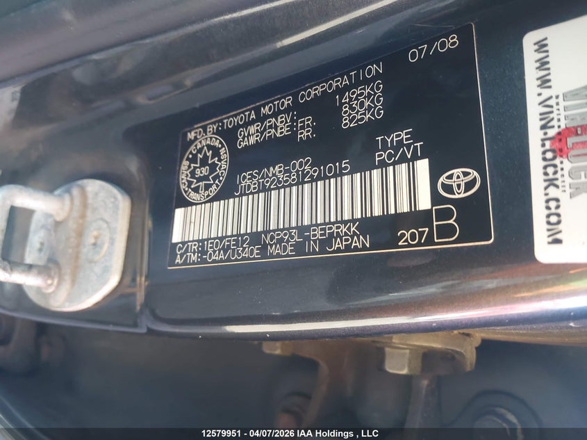 2008 Toyota Yaris VIN: JTDBT923581291015 Lot: 12579951