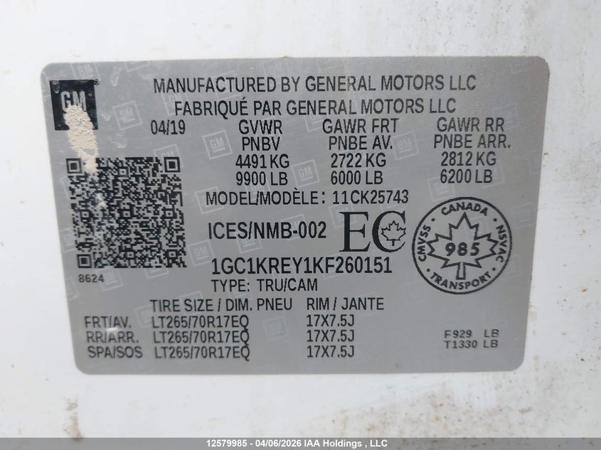 2019 Chevrolet Silverado 2500Hd VIN: 1GC1KREY1KF260151 Lot: 12579985